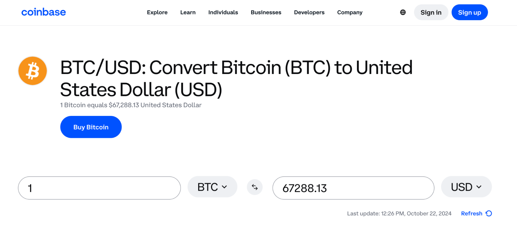 Coinbase’s pSEO strategy centers around currency exchange pages that target long-tail search queries like “BTC to USD.”