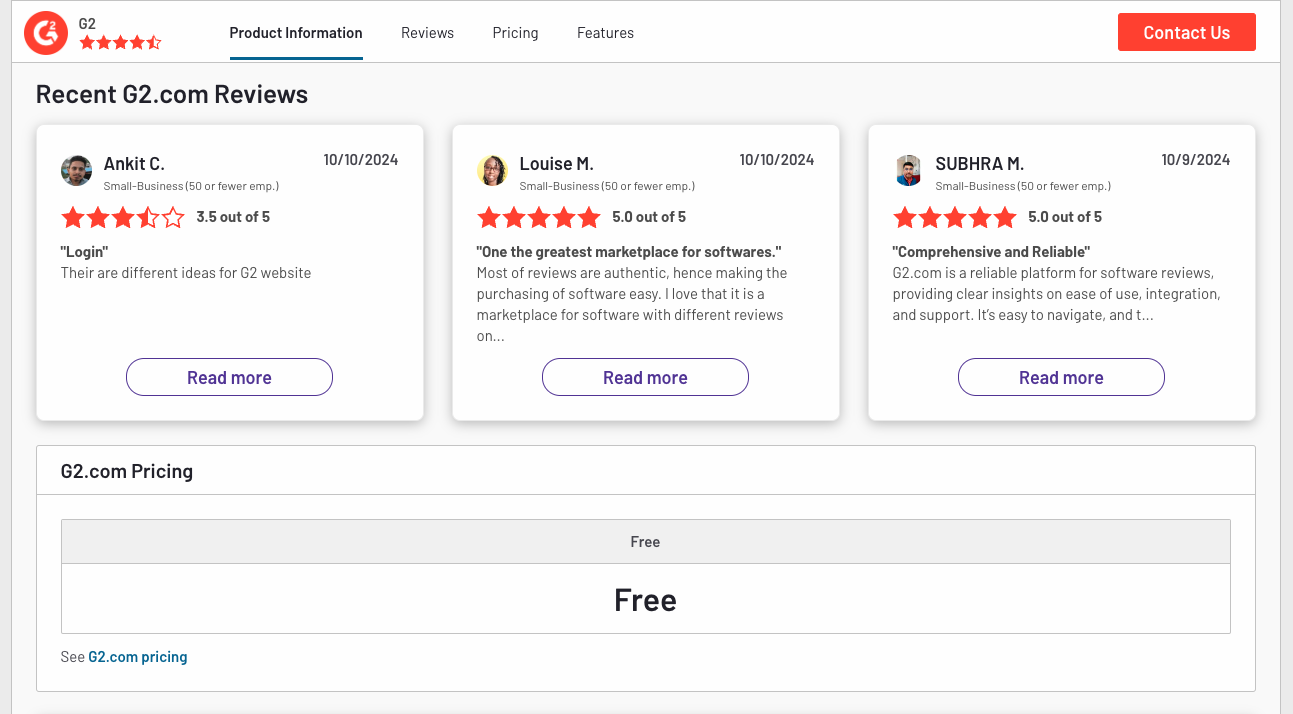 G2’s extensive user ratings and input populate its product review and comparison pages. This data, created from user-generated content, offers firsthand insight that’s lacking in other review sites.