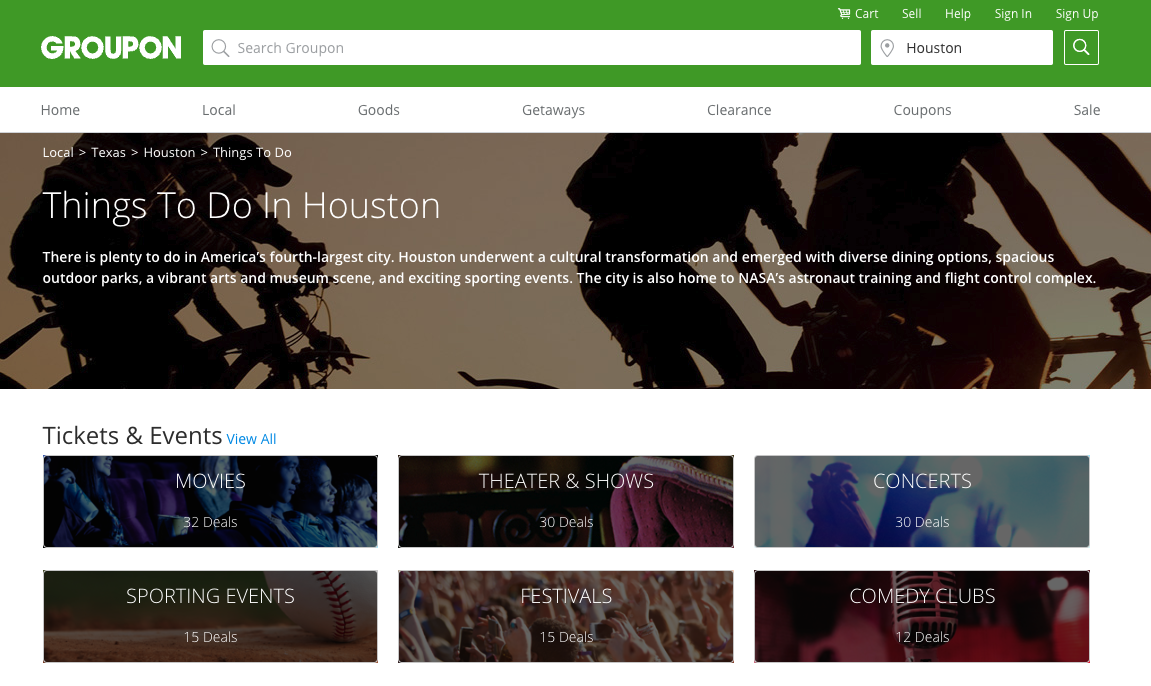 Groupon’s site is made up of thousands of templated pages created for different locations as well as deal categories.