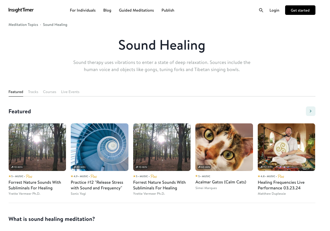 Each programmatic page features a brief description of the specific meditation type as well as curated relevant meditations in Insight Timer’s app.