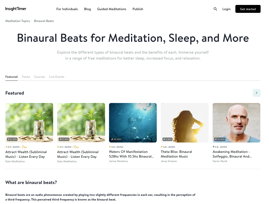 Each programmatic page features a brief description of the specific meditation type as well as curated relevant meditations in Insight Timer’s app.