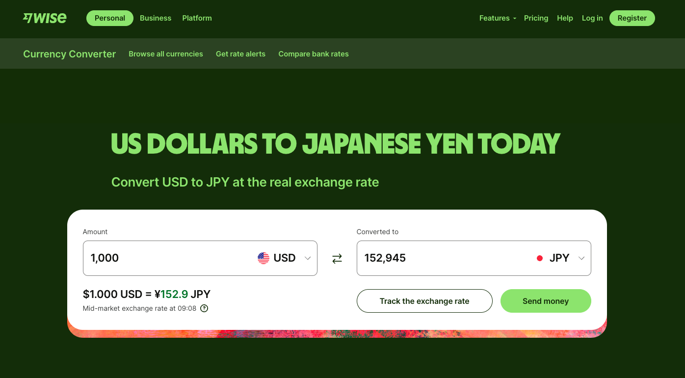 Wise creates programmatic pages centered around currency conversion phrases like “dollar to yen” and “usd to jpy.”