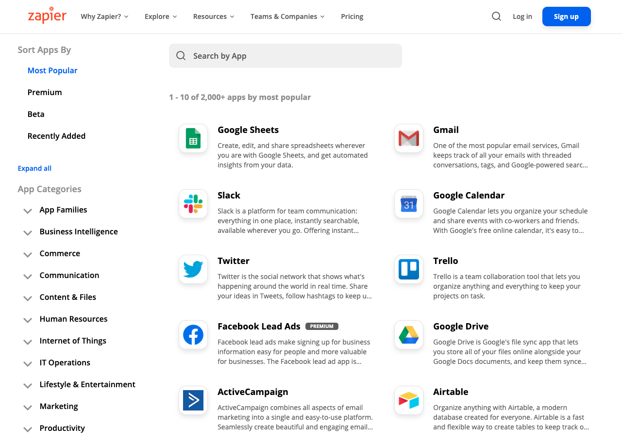 Zapier’s app directory (August 2020)